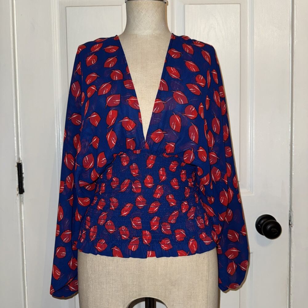 NWOT MISA Los Angeles’s Smocked Long Sleeve Blouse Deep V Neck Size XS
